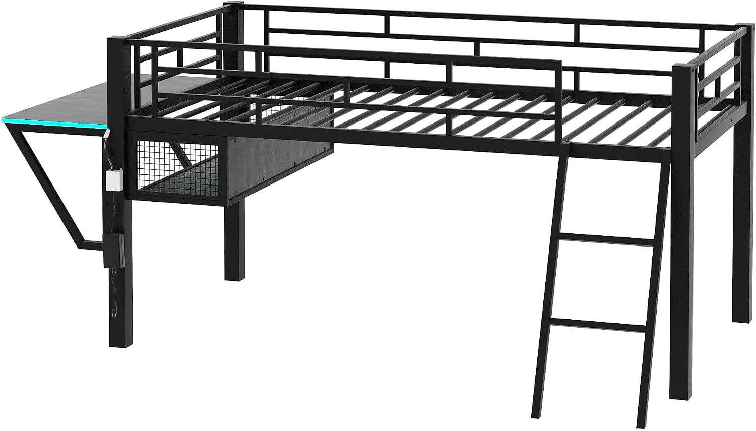 Linique Twin Size Gaming Loft Bed with Desk, LED and Staircase, Metal Loft Bed Frame with Vented Mesh Undercarriage Storage, Black