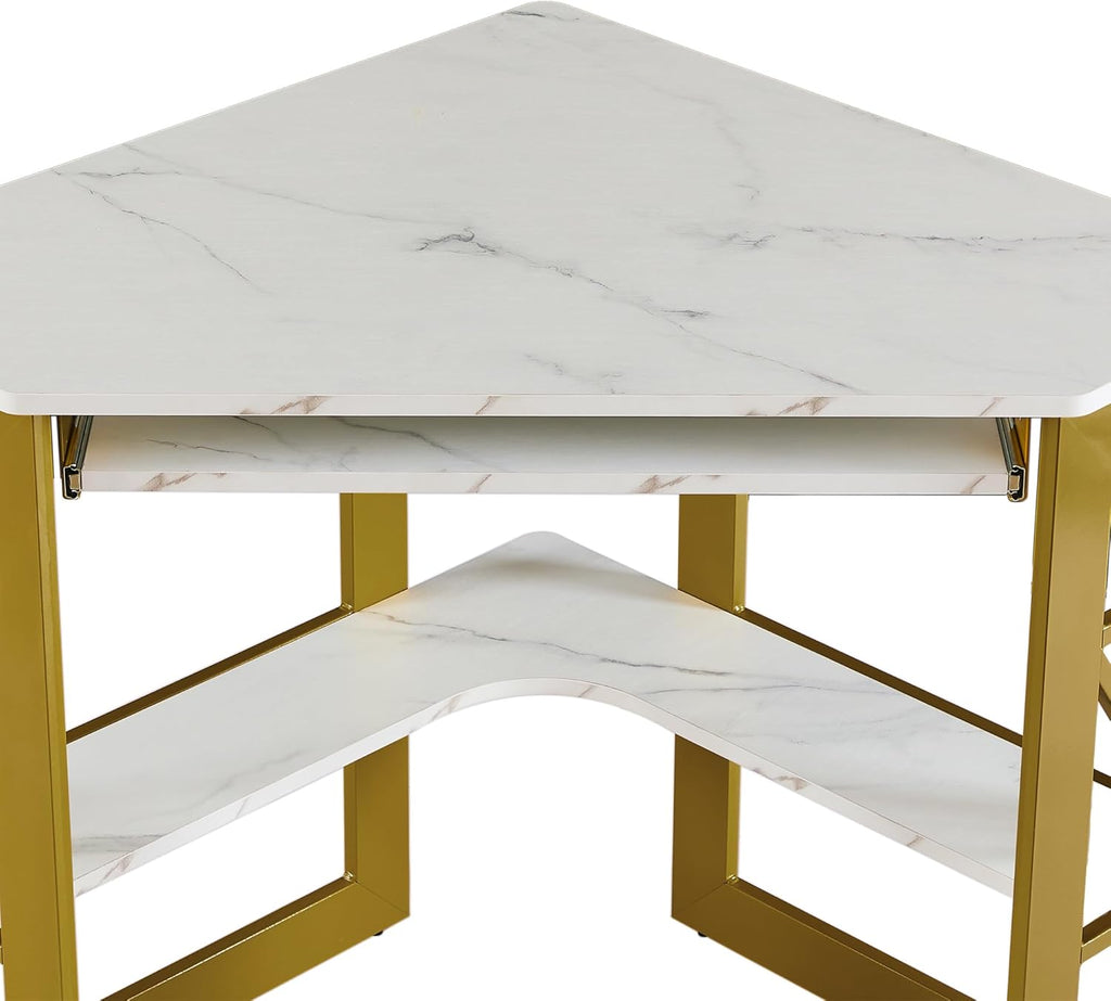 VECELO Corner Desk Computer Desk Writing Table with Smooth Keyboard Tray&Storage Shelves for Small Spaces/Compact Home Office Triangle Table,Gold & White