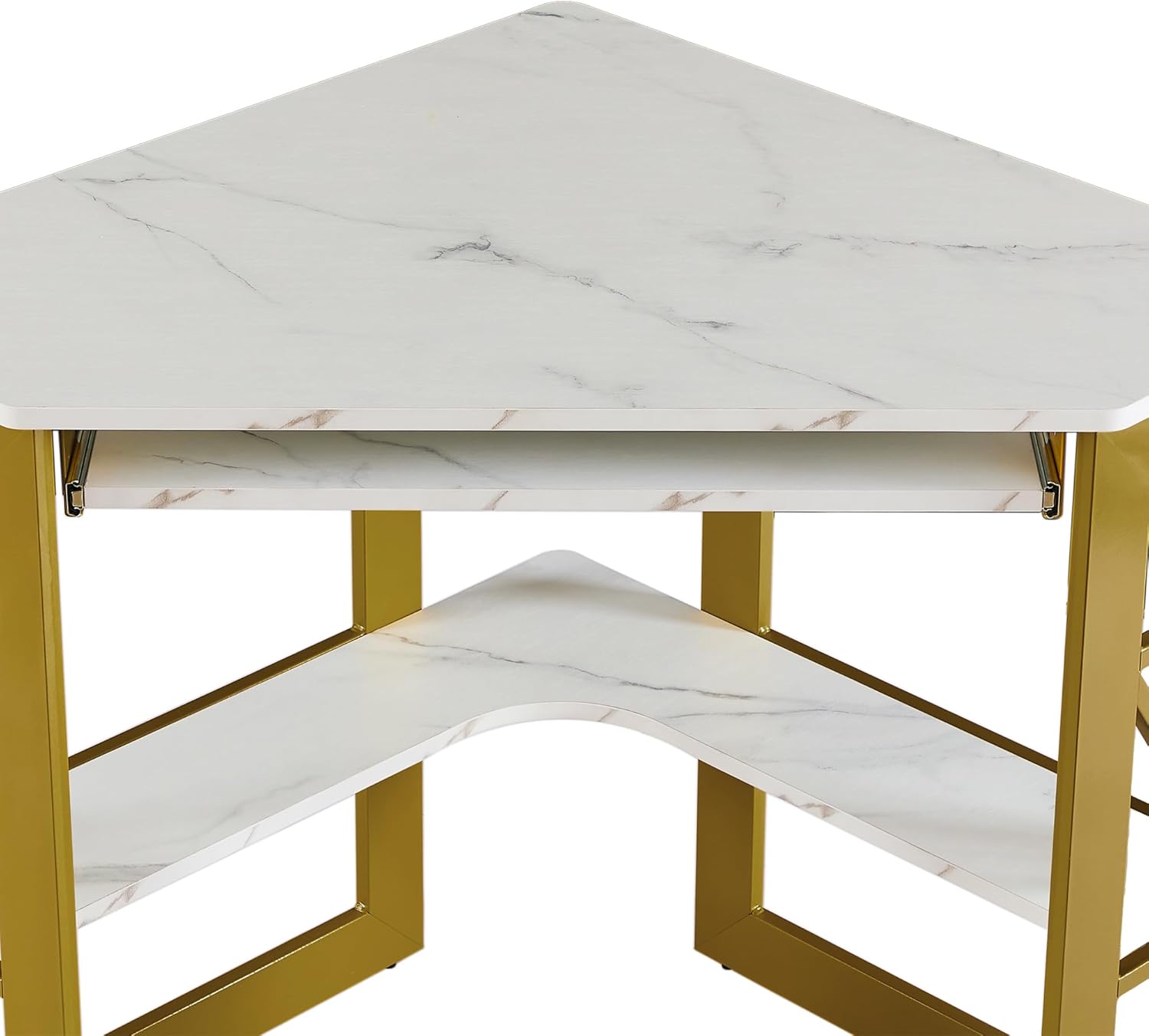 VECELO Corner Desk Computer Desk Writing Table with Smooth Keyboard Tray&Storage Shelves for Small Spaces/Compact Home Office Triangle Table,Gold & White