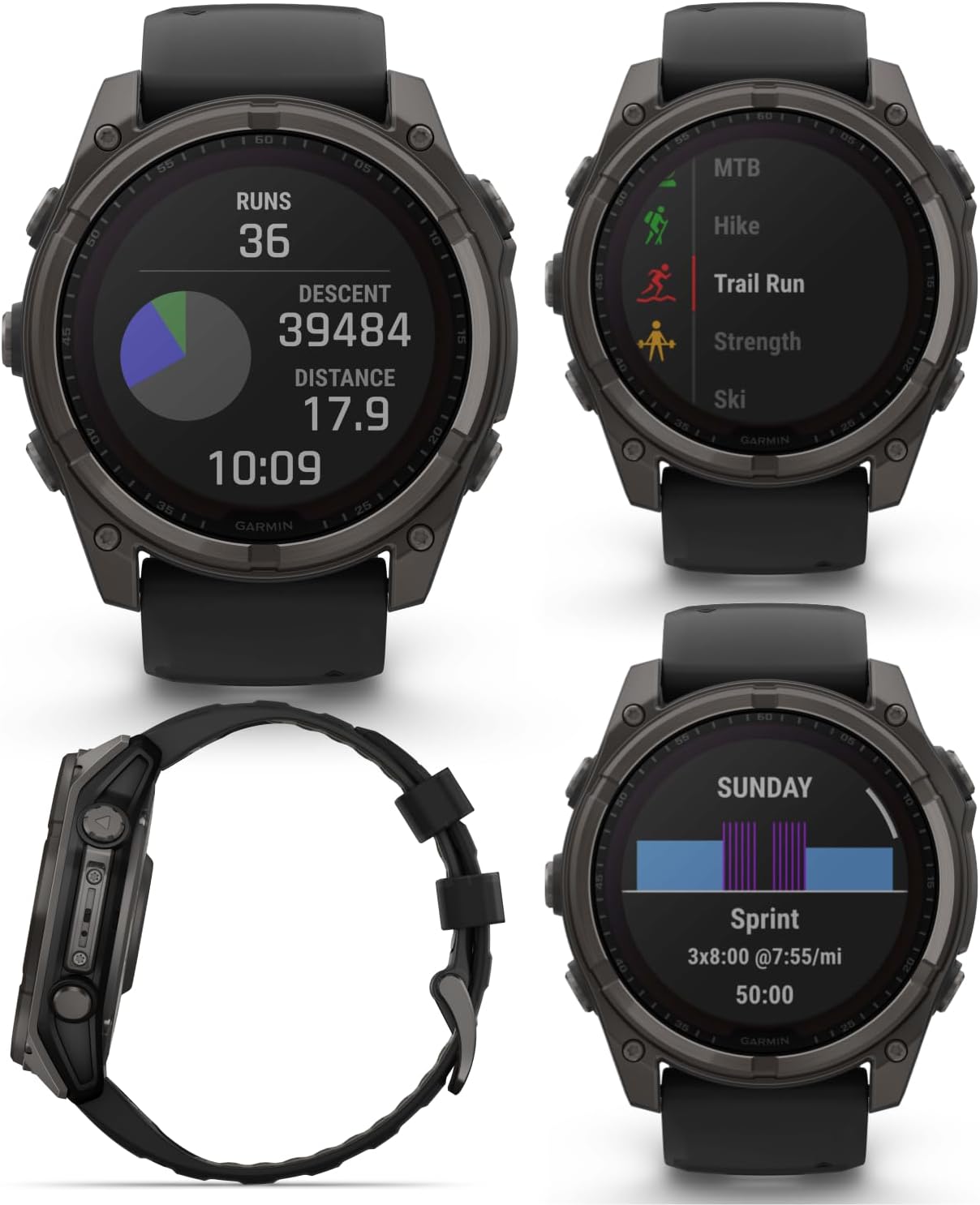 Garmin Fenix 8 – 51 mm, Solar, Sapphire, Carbon Gray DLC Titanium GPS Multisport Smartwatch with Black/Pebble Gray Silicone White Earbuds Bundle