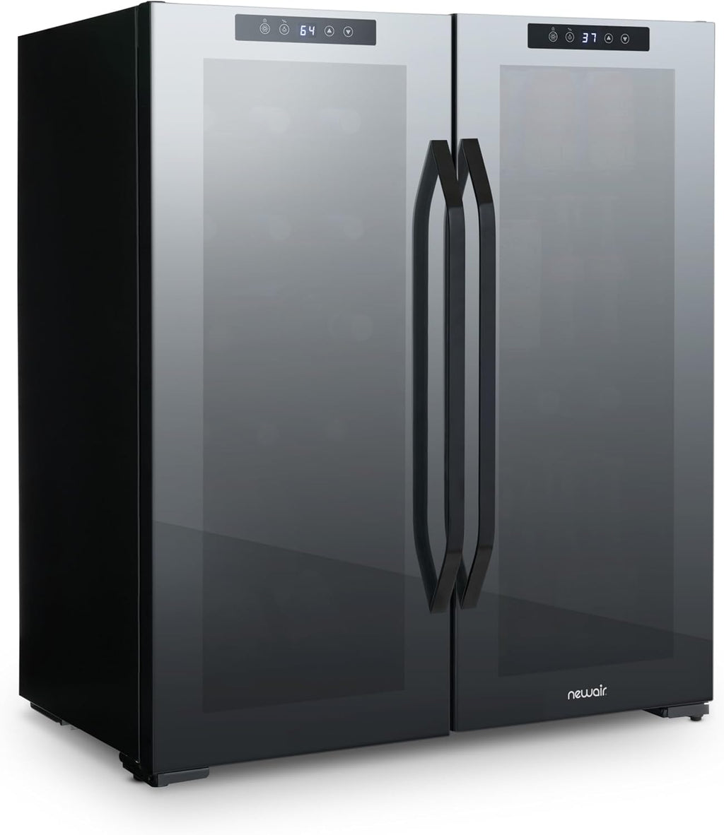 NewAir 27' Dual Zone Beverage Refrigerator & Wine Cooler for 18 Bottles & 59 Cans | Freestanding or Built-In Under Counter Mini Fridge for Beer, Wine and Soda | Black