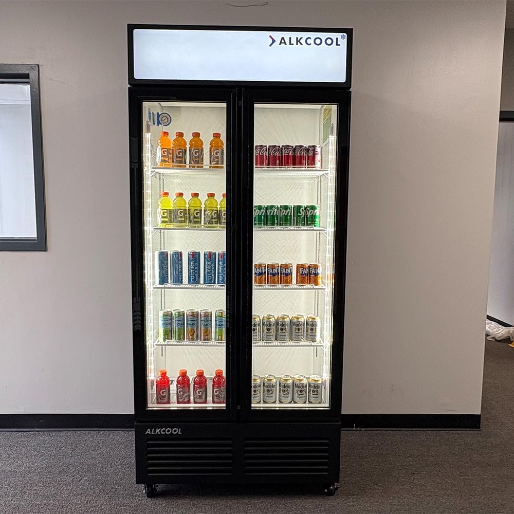 Commercial Beverage Refrigerator Display Fridge,19 Cu Ft Two Glass Door Upright Merchandiser Drink Cooler with LED Light Adjustable Shelves,ETL Approval,35.6' Wide Hinge Door