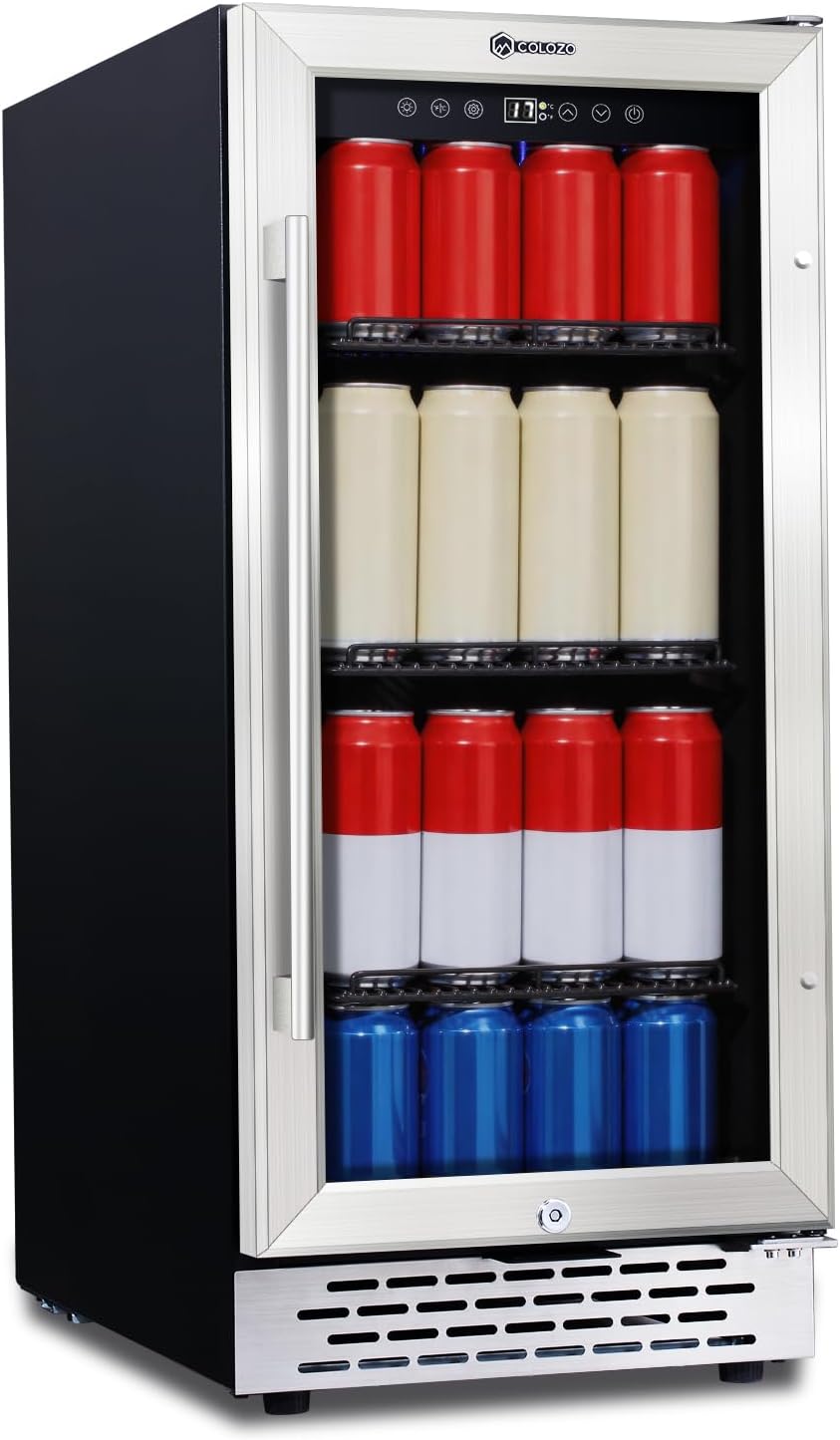 15 Inch Beverage Refrigerator Under Counter, 130 Cans Beverage Fridge with Tempered Glass Door & Lock, 37-65°F Beverage Cooler For Home/Bar, Built-in/Freestanding Mini Drink Cooler(3.53 cu.ft)