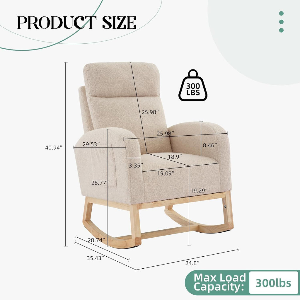 Nursery Glider Rocking Chair with 2 Side Pockets - Solid Wood Legs, Cozy Armchair for Baby Room, Living Room, Bedroom, Comfortable Nursery Essential(Beige)