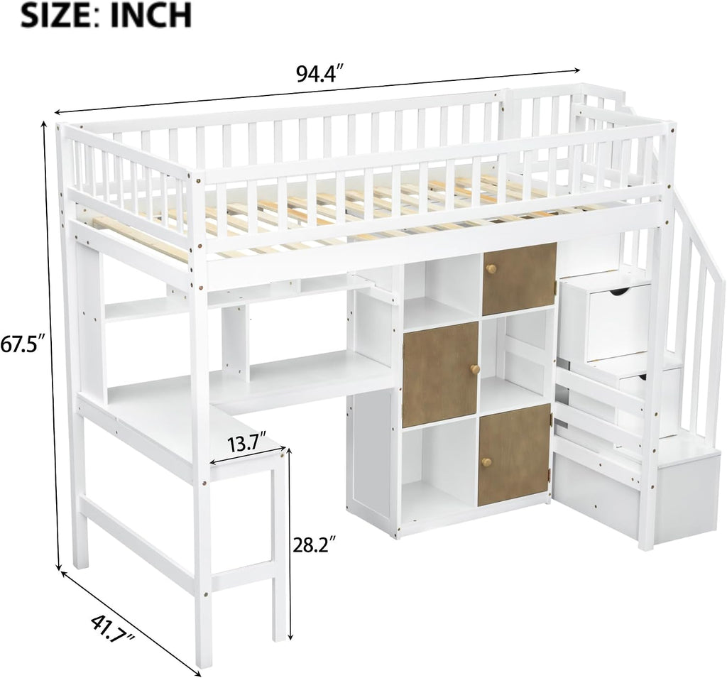 MERITLINE Twin Loft Bed with L-Shaped Desk and Storage Stairs &LED Lights, Solid Wood High Loft Bed with Stairs and Storage Shelves &Cabinets for Teens Adults,Bedroom, Dormitory (White)