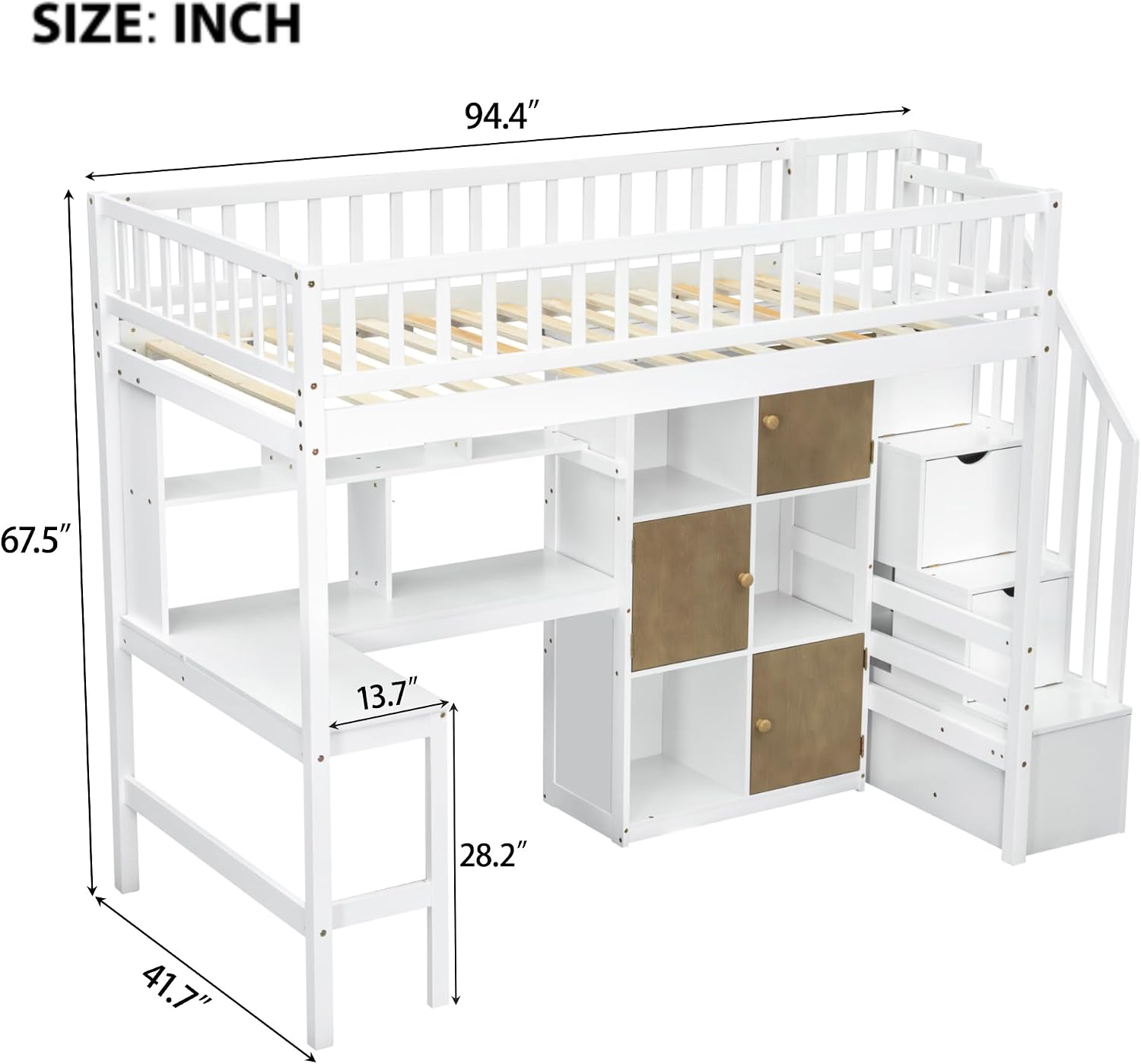 MERITLINE Twin Loft Bed with L-Shaped Desk and Storage Stairs &LED Lights, Solid Wood High Loft Bed with Stairs and Storage Shelves &Cabinets for Teens Adults,Bedroom, Dormitory (White)