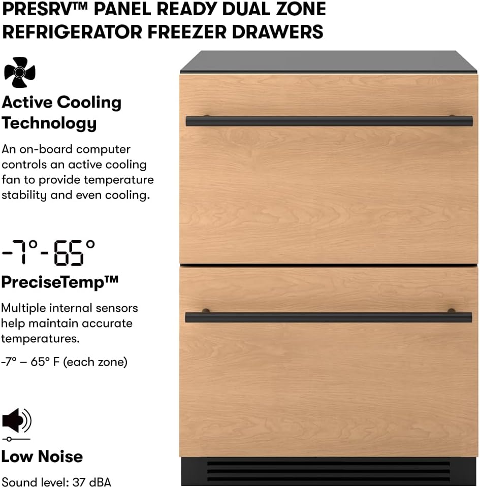 Zephyr 24' Presrv™ Panel Ready Refrigerator Freezer Drawers - Dual Zone Built In Fridge with Modes for Freezer, Fridge and Pantry, LED Lighting, Soft Close (Panels, handles are not included)