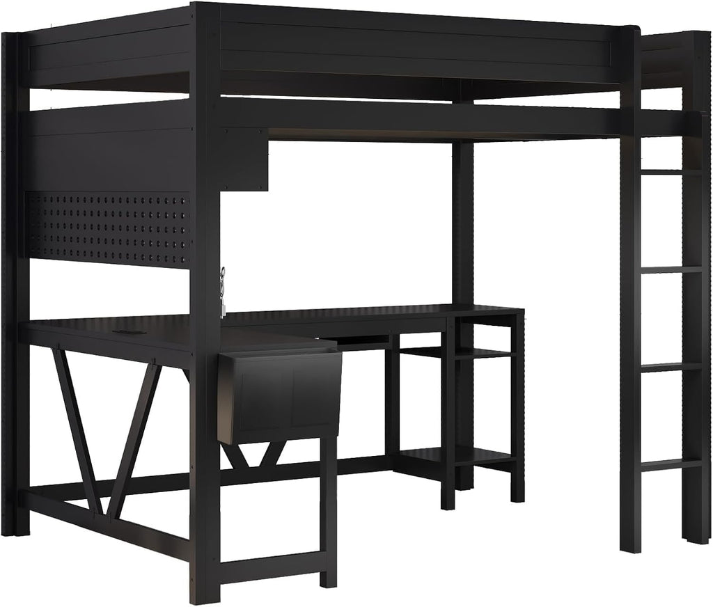 Virubi Full Gaming Loft Bed with Desk and Storage Shelves, LED RGB and Charging Station, Wood High Loft Bed with Storage Case, Ladders,and Guardrails for Adults Teens (Black)