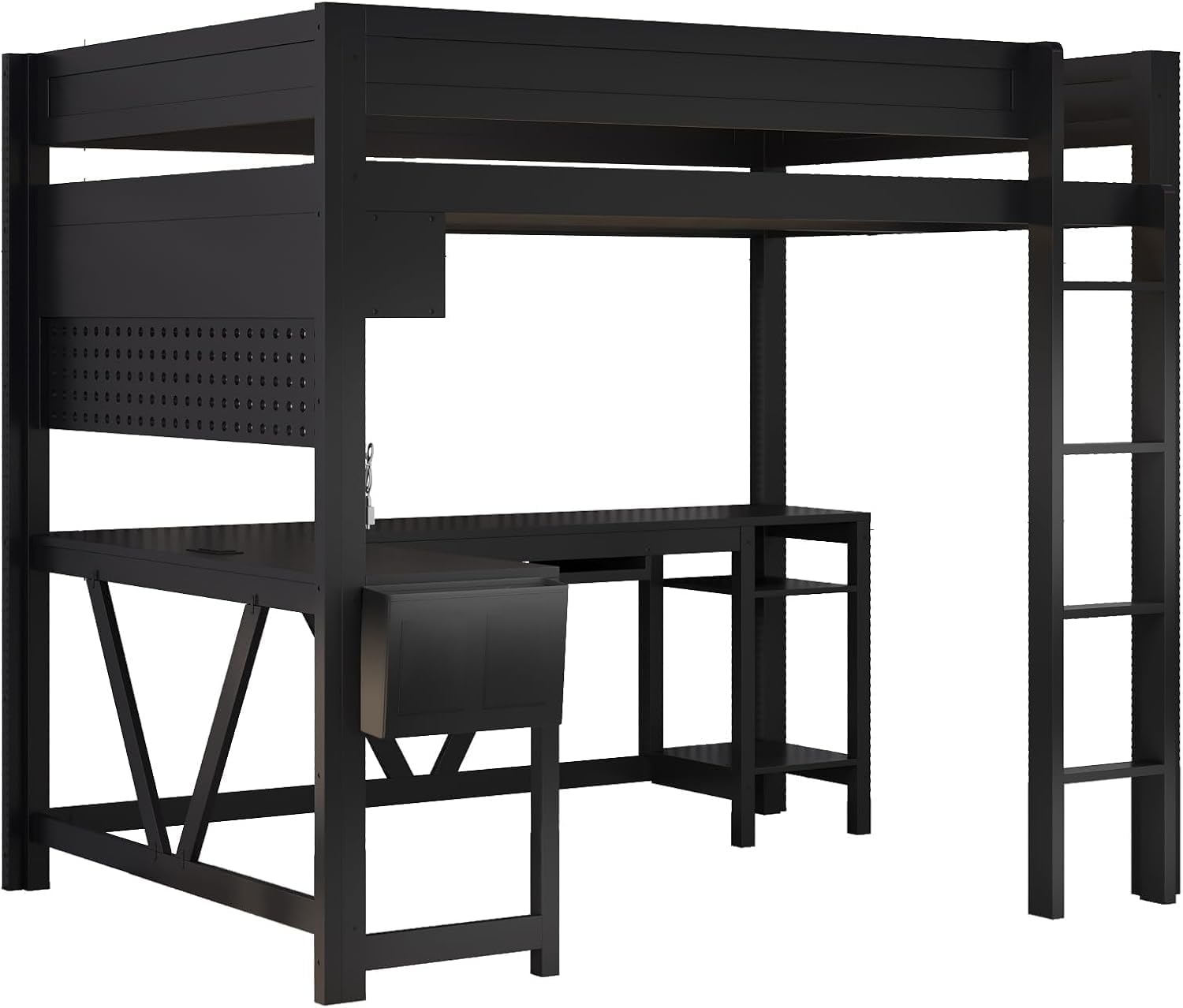 Virubi Full Gaming Loft Bed with Desk and Storage Shelves, LED RGB and Charging Station, Wood High Loft Bed with Storage Case, Ladders,and Guardrails for Adults Teens (Black)