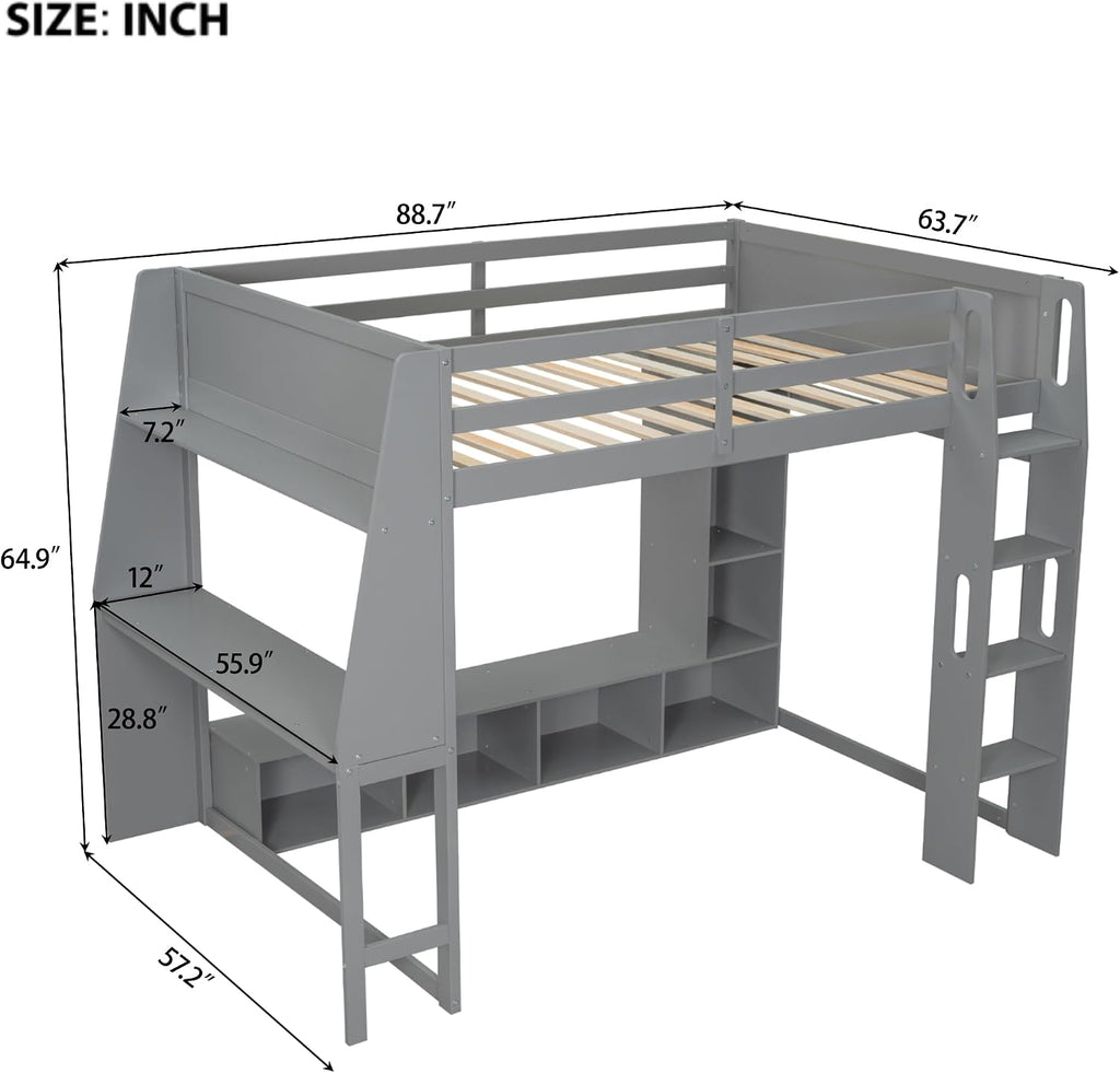 Solid Wood Gaming Loft Bed Full Size with Desk & Shelves & Hanging Rack & LED,Esports Design for PC & Console Gamers,Space Saving Loft Bed Frame with Guardrails & Ladder,No Box Spring Needed,Gray