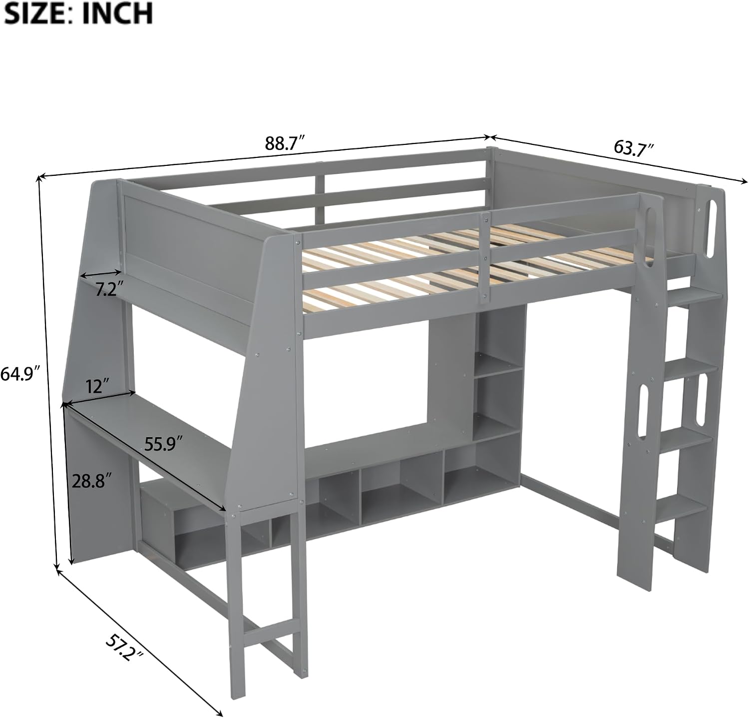 VilroCaz Modern Full Size Gaming Loft Bed with Desk and Multi-Storage Shelves, Wood Loft Bed Frame with Workstation and a Hanging Clothes Rack, Maximize Space Saving (Full)