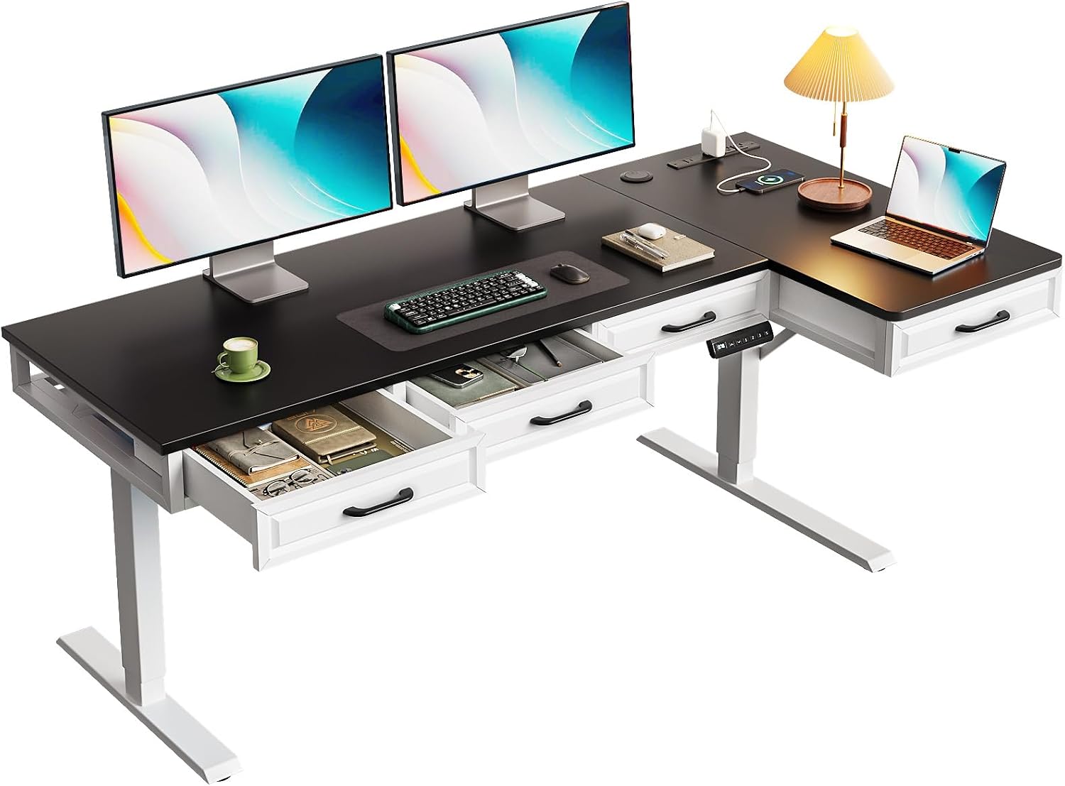 OffiGo L Shaped Electric Standing Desk with Wooden Drawers, 63 Inch Height Adjustable Corner Workstation with Power Outlets, Sit Stand Table for Home, Office, White+Black