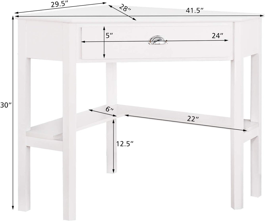 COSTWAY Corner Desk, Writing Corner Computer Desk with Drawer for Small Space, Wood Makeup Vanity Desk, Small Corner Desk with Shelves, Office Study Workstation, White Corner Desk (White)