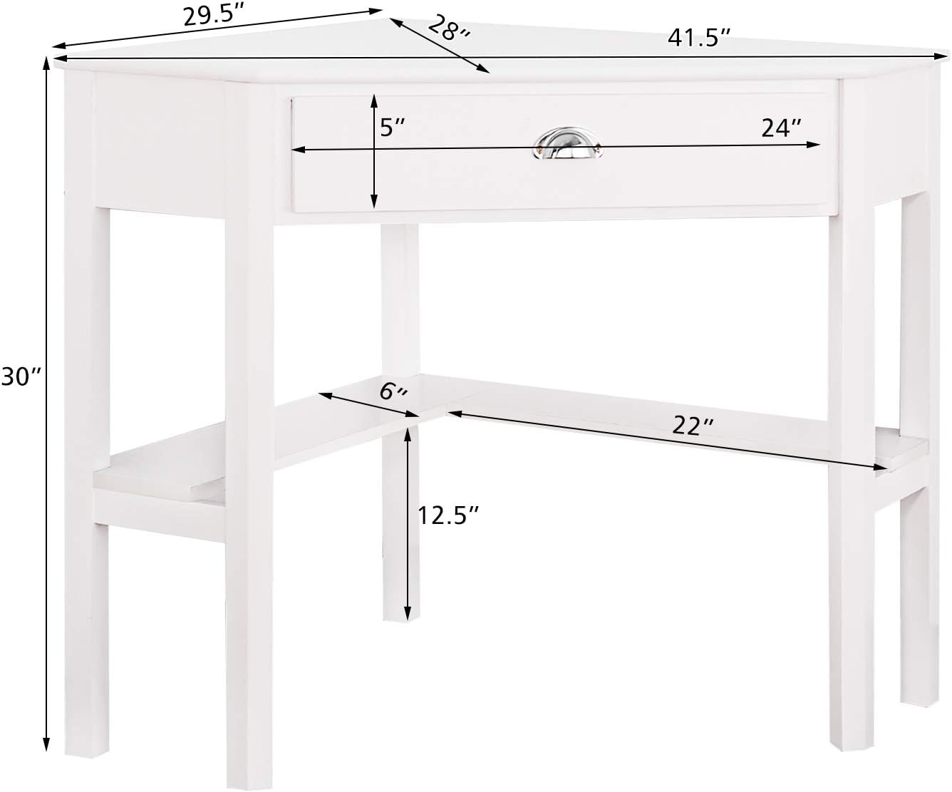 COSTWAY Corner Desk, Writing Corner Computer Desk with Drawer for Small Space, Wood Makeup Vanity Desk, Small Corner Desk with Shelves, Office Study Workstation, White Corner Desk (White)