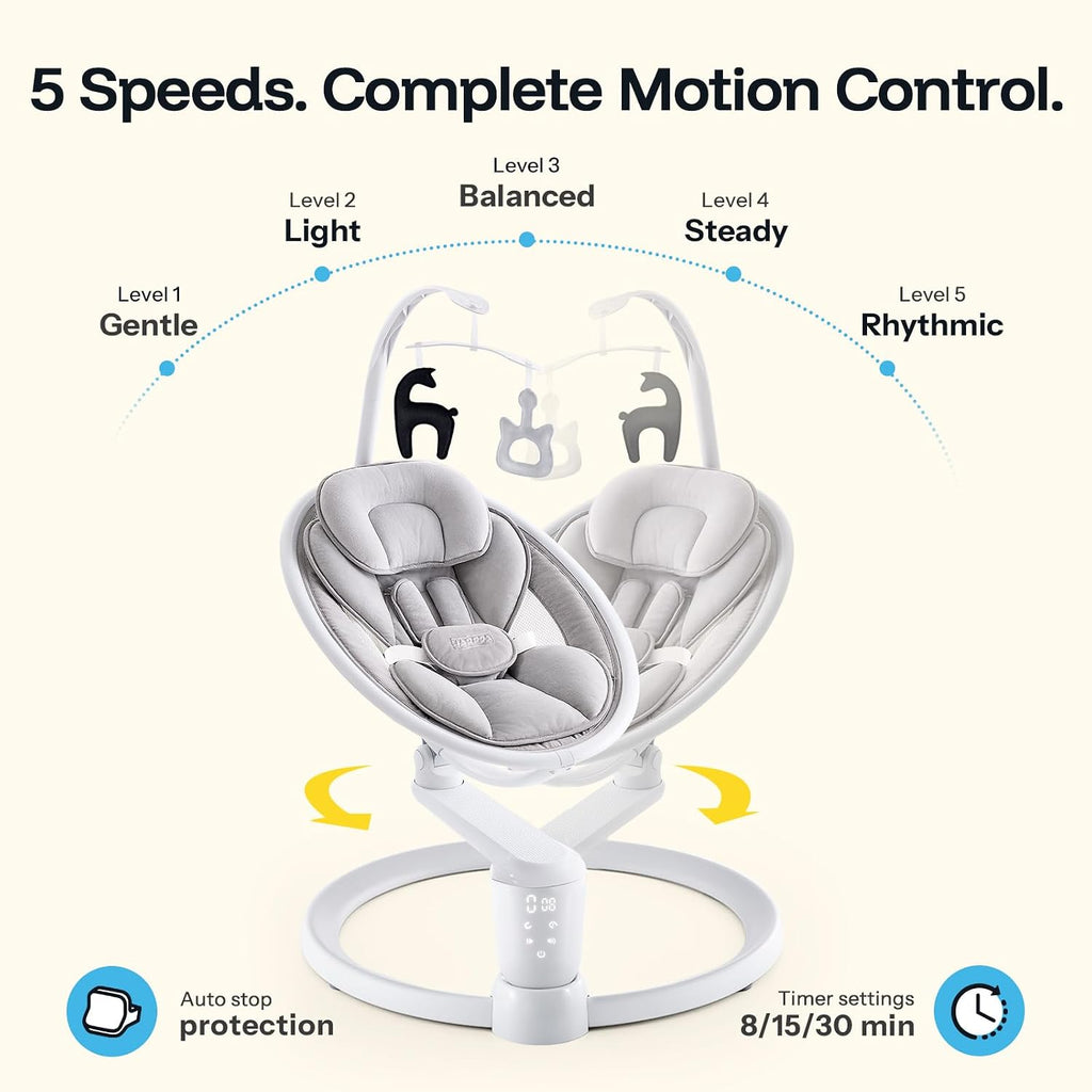 HARPPA Weddell Plus Electric Baby Swings for Infants and Newborns, Eye-Level Baby Swing 5 Speeds and Remote Control 10 Built-in Melodies, 2 Seat Positions & 180° Rotation for Indoor Use, Light Gray