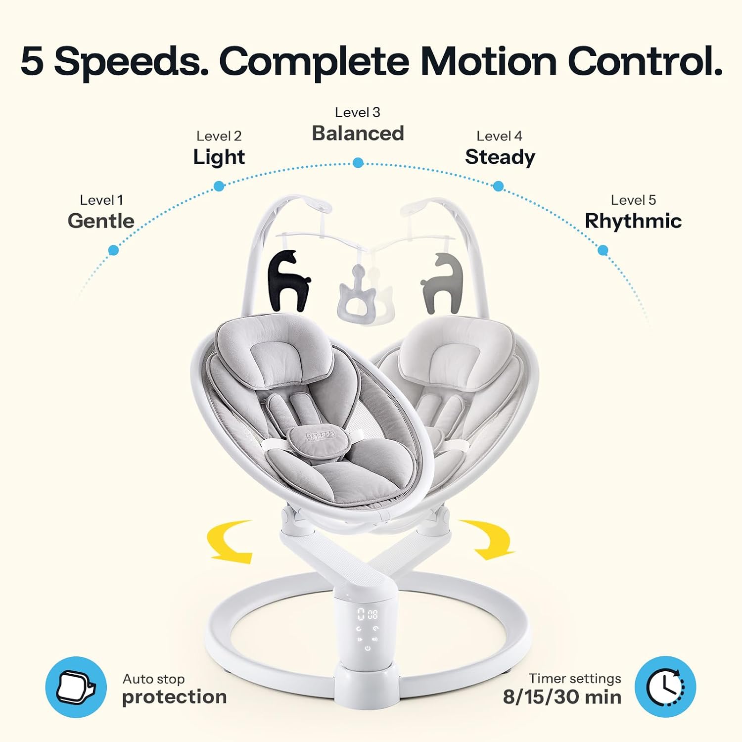 HARPPA Weddell Plus Electric Baby Swings for Infants and Newborns, Eye-Level Baby Swing 5 Speeds and Remote Control 10 Built-in Melodies, 2 Seat Positions & 180° Rotation for Indoor Use, Light Gray