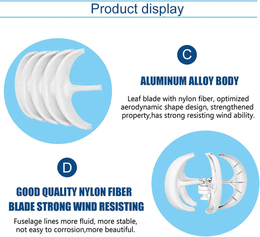 Vertical Axis Lantern Wind Turbines Generator,3000W 12V 24V 48V 5 Blades AC Portable Energy Wind Turbines Generator Kit No Noise for Home Camping (White)