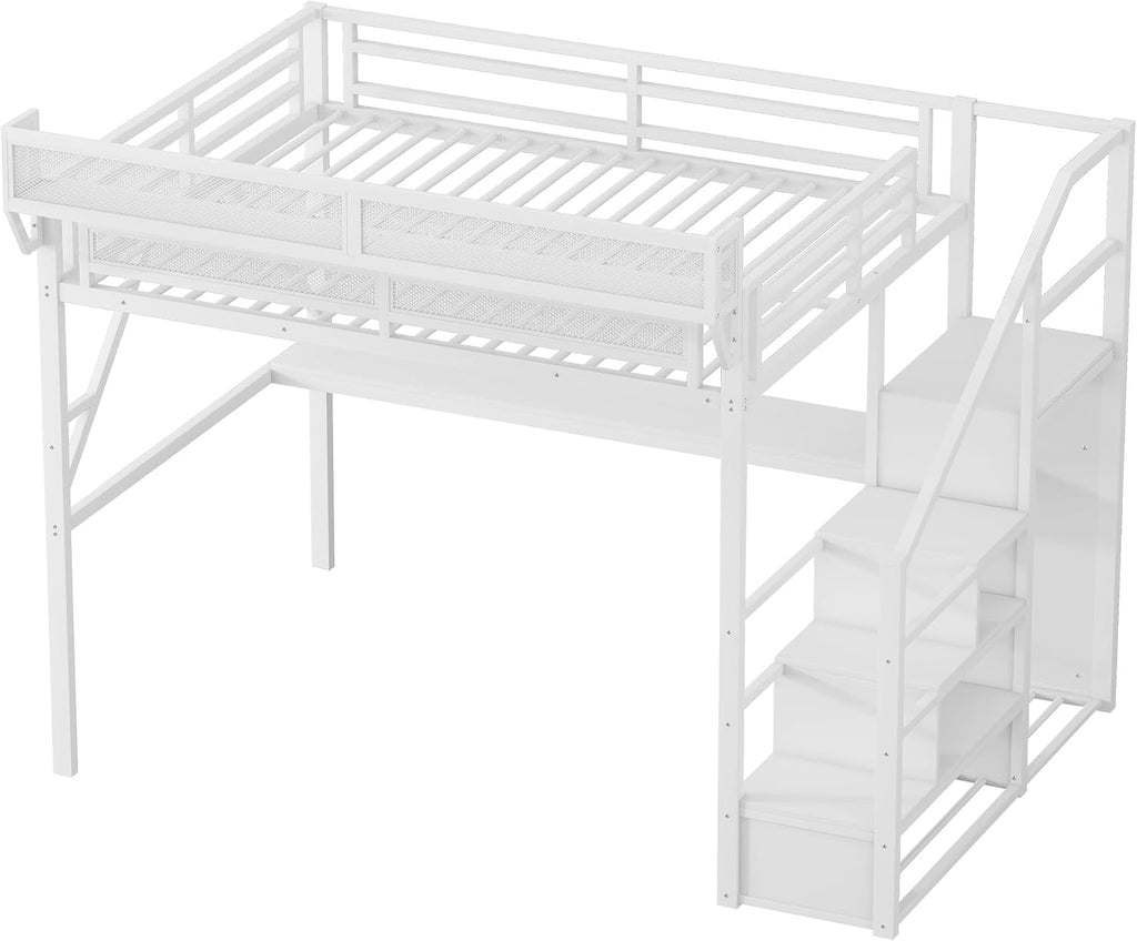 Queen Size Loft Bed with Stairs and Desk, Metal Gaming Loft Bed Frame with Bedside Shelf and Light, Heavy-Duty Adults Lofts Beds with Storage Wardrobe & Charging Station, White