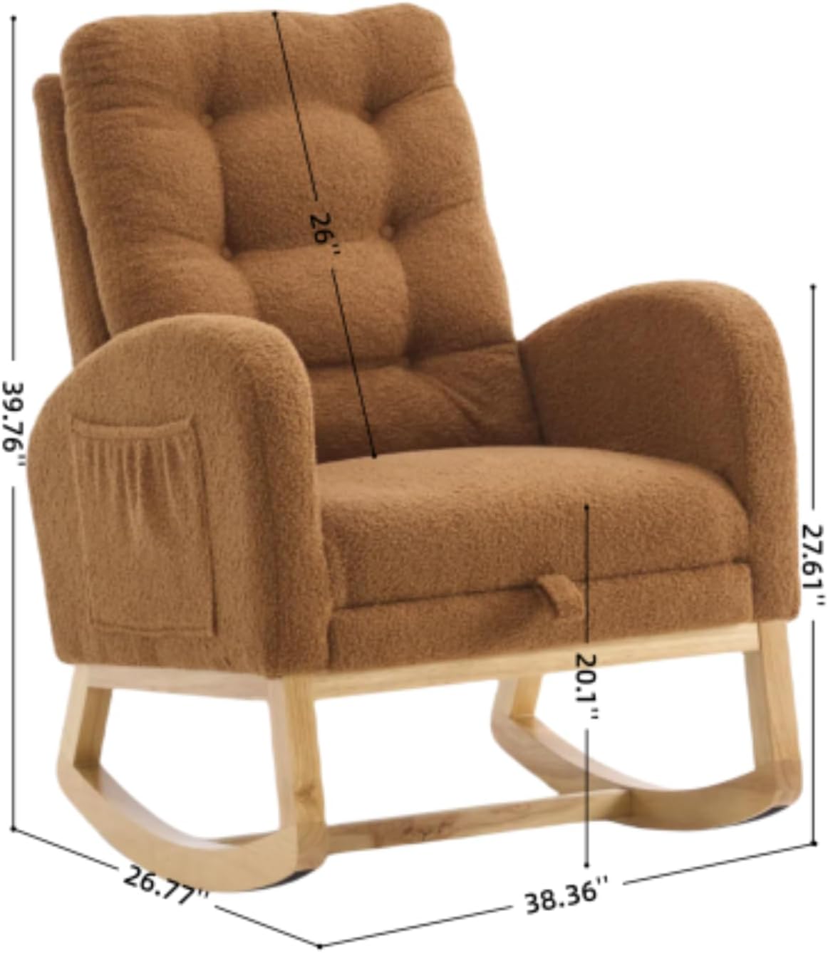 Nursery Rocking Chair with Retractable Footrest,Accent Rocker for Relaxing, Side Pocket,A+ Grade Rubber Wood,Suitable for Living Room,Bedroom and Balcony (Teddy Fleece, Caramel)