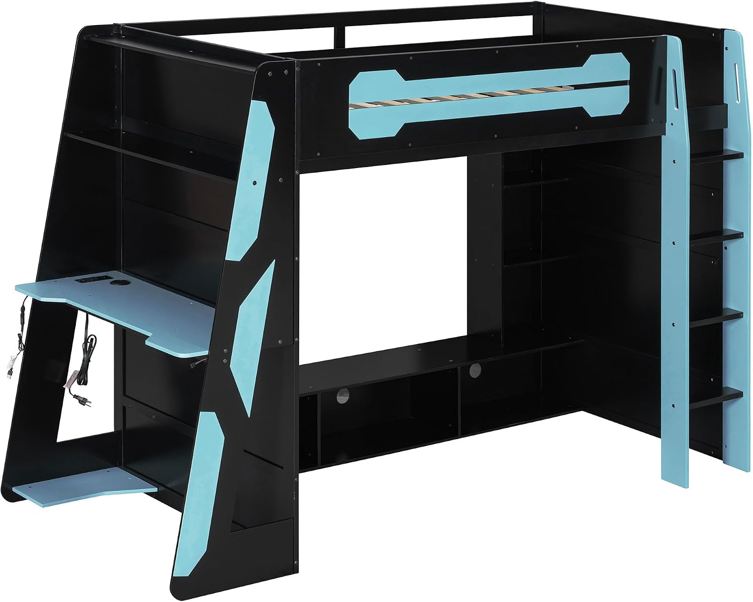 Merax Twin Size Gaming Loft Bed with Desk and Multi-Storage Shelves, Wooden Loft Bed Frmae with Light, Space-Saving Bed with Safety Guardrail
