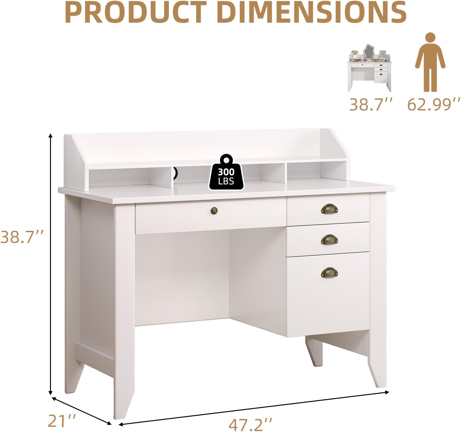 4 EVER WINNER White Desk with Drawers, 47'' Small Desk with File Drawer for Small Spaces, Wood Computer Desk with Monitor Stand for Home Office, Bedroom, White
