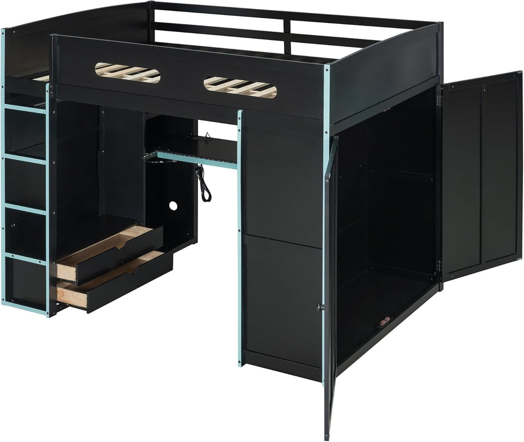 DNYN Full Size Loft Bed with Desk & Drawers & Storage Shelves & Led & Wardrobe Design for Bedroom,Gaming Style Wooden Bedframe w/Safety Guardrails & Blue Ladder,No Box Spring Needed, Black