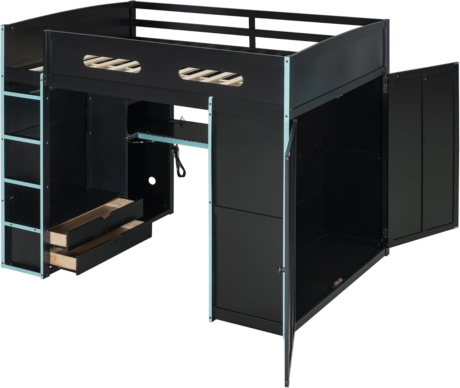 DNYN Full Size Loft Bed with Desk & Drawers & Storage Shelves & Led & Wardrobe Design for Bedroom,Gaming Style Wooden Bedframe w/Safety Guardrails & Blue Ladder,No Box Spring Needed, Black