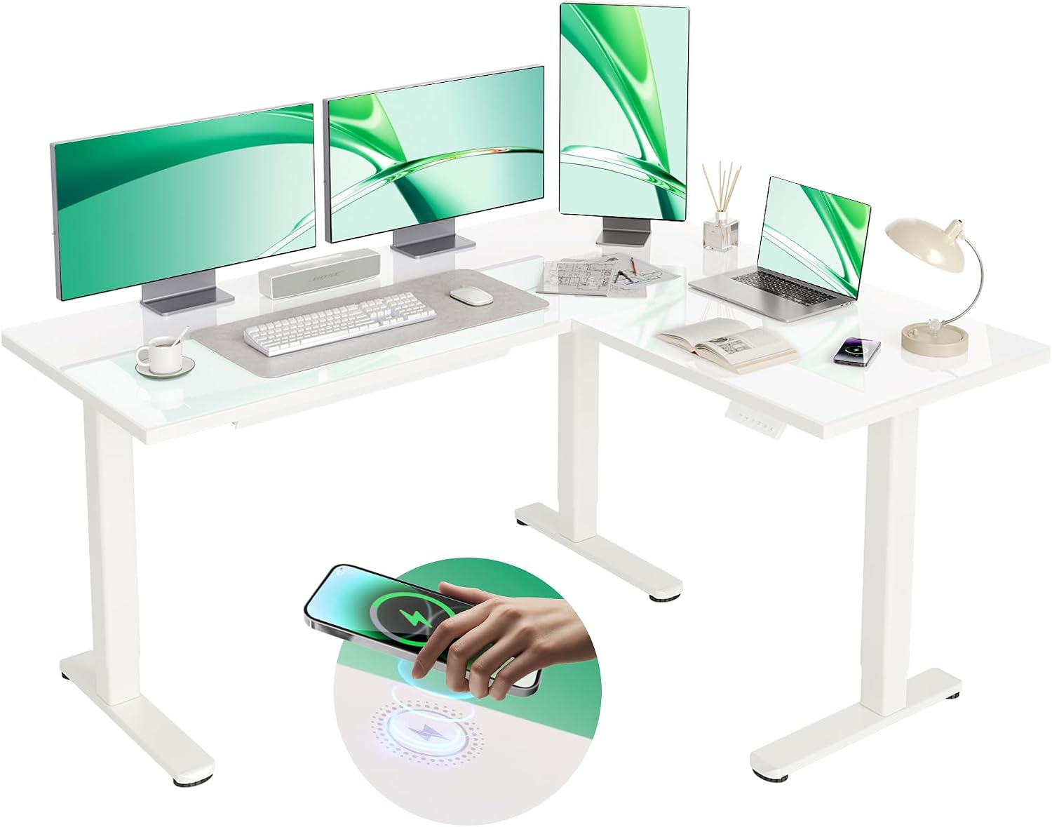 INNOVAR L Shaped Glass Standing Desk Adjustable Height, Dual Motor Electric Corner Standing Desk with Drawers, 63x55 inch Sit Stand up Desk with Splice Board for Home Office, White
