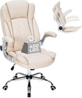 400lbs Executive Office Chair with Flip-Up Armrests, Big and Tall Computer Chair for Heavy People, Heavy Duty Ergonomic Comfy Chair, Breathable PU Leather (Cream)