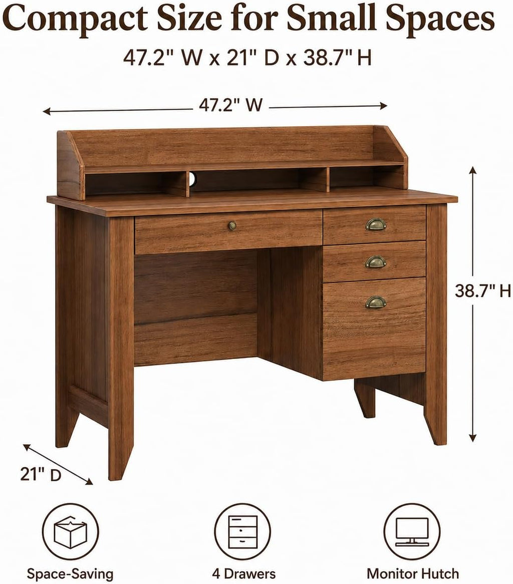 4 EVER WINNER Small Desk with Drawers, 47'' Wooden Desk with Monitor Stand and File Drawer, Computer Desk with Storage for Bedroom, Living Room, Small Spaces, Walnut