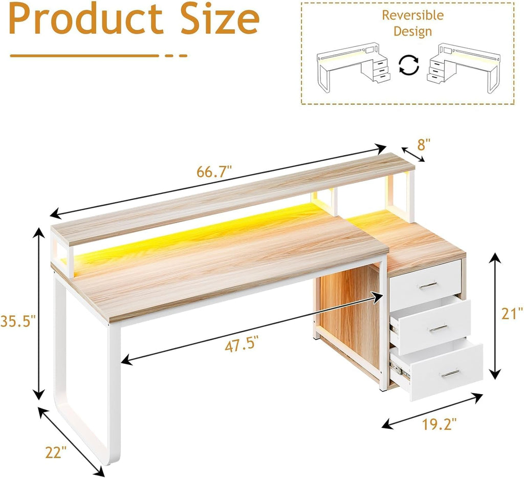 HOMBCK 67' Computer Desk with 3 Drawers, Home Office Desk with Long Monitor Stand and Printer Space, Office Desk with Storage & LED Lights, Writing Desk with Drawers, Walnut and White
