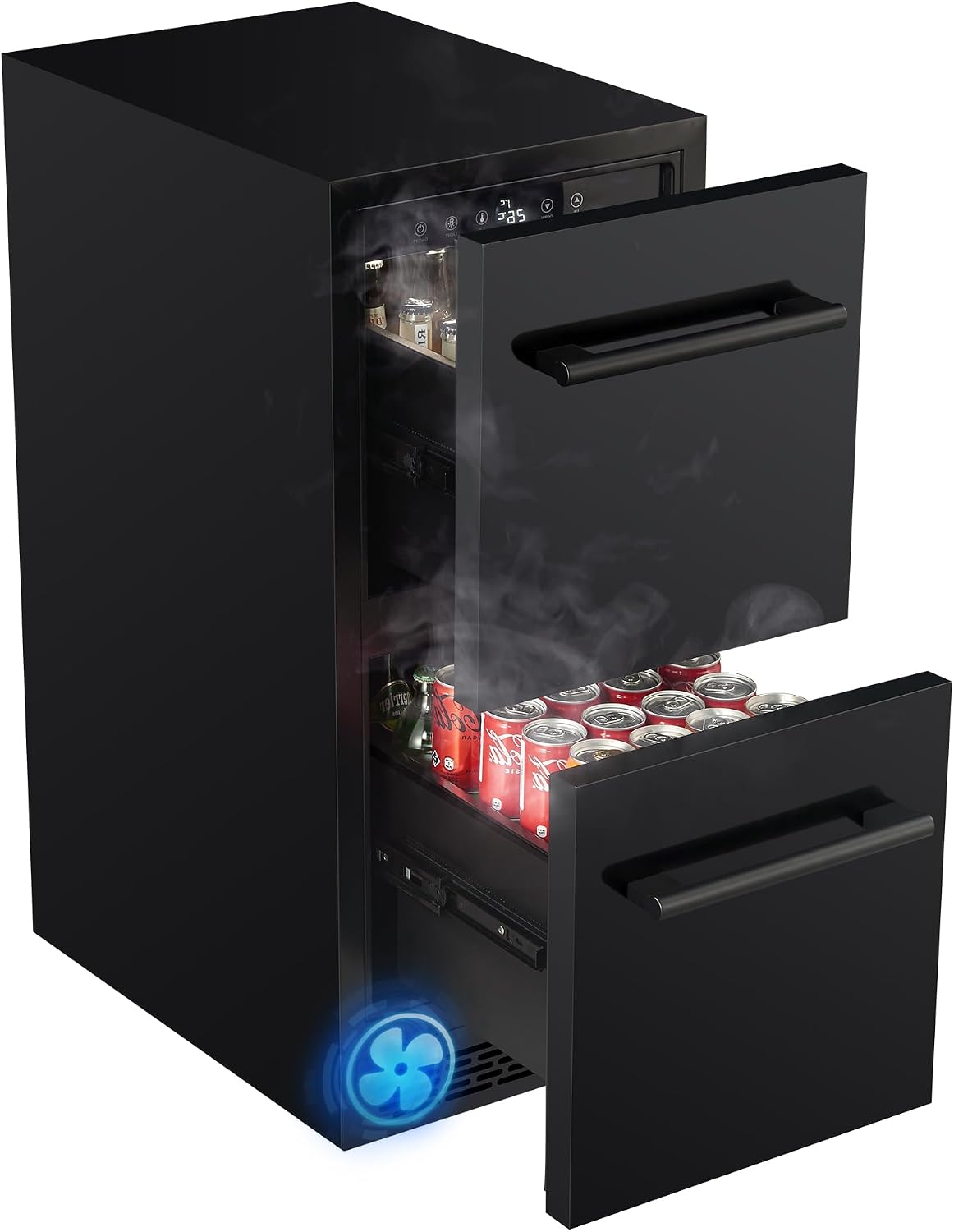 15 Inch Double Drawer Beverage Refrigerator, 3.39 Cu.Ft. Under Counter Fridge, Waterproof All Black Stainless Steel Beverage Fridge,low noise Rapid cooling for Indoor, Outdoor, Kitchen, Patio