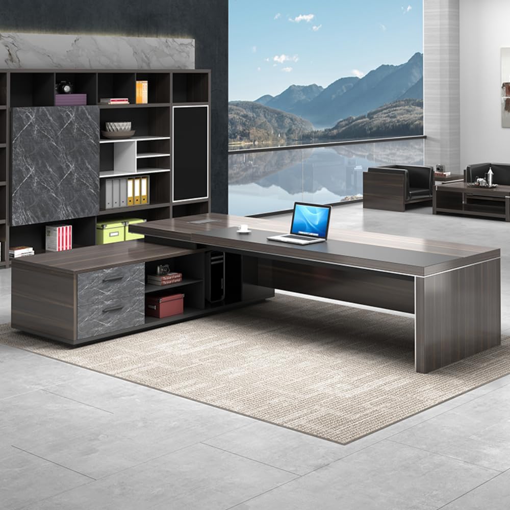 LITFAD Modern Office Computer Desk Wood Executive Table with Side Storage, CPU Stand and Cord Management, L-Shape Writing Desk Boss Table Home Office Without Chairs, 110' L x 63' W x 29.5' H