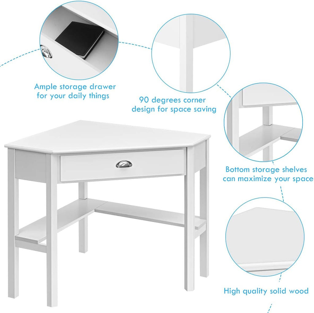 Tangkula White Corner Desk with Drawer, Storage Shelves for Computer, Makeup Vanity Desk for Small Space, 90 Degrees Triangle Desk