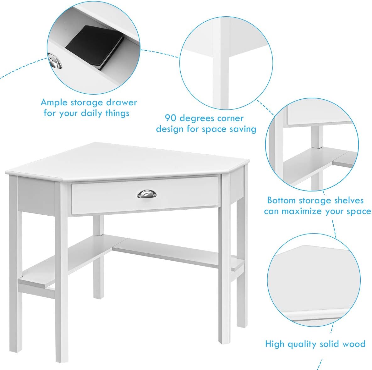 Tangkula White Corner Desk with Drawer, Storage Shelves for Computer, Makeup Vanity Desk for Small Space, 90 Degrees Triangle Desk