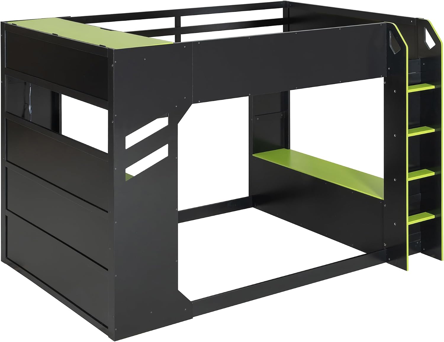 Merax Wood Loft Bed with Height-Adjustable Desk,Drawers,Storage Compartments,Hanging Rod and RGB Lights, Full Size, Green