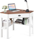 Corner Computer Desk, Space-Saving Corner Table with Drawer & Shelves, Home Office 90° Triangle Corner Workstation, Modern Makeup Vanity Table, Corner Desk for Small Spaces (Natural & White)
