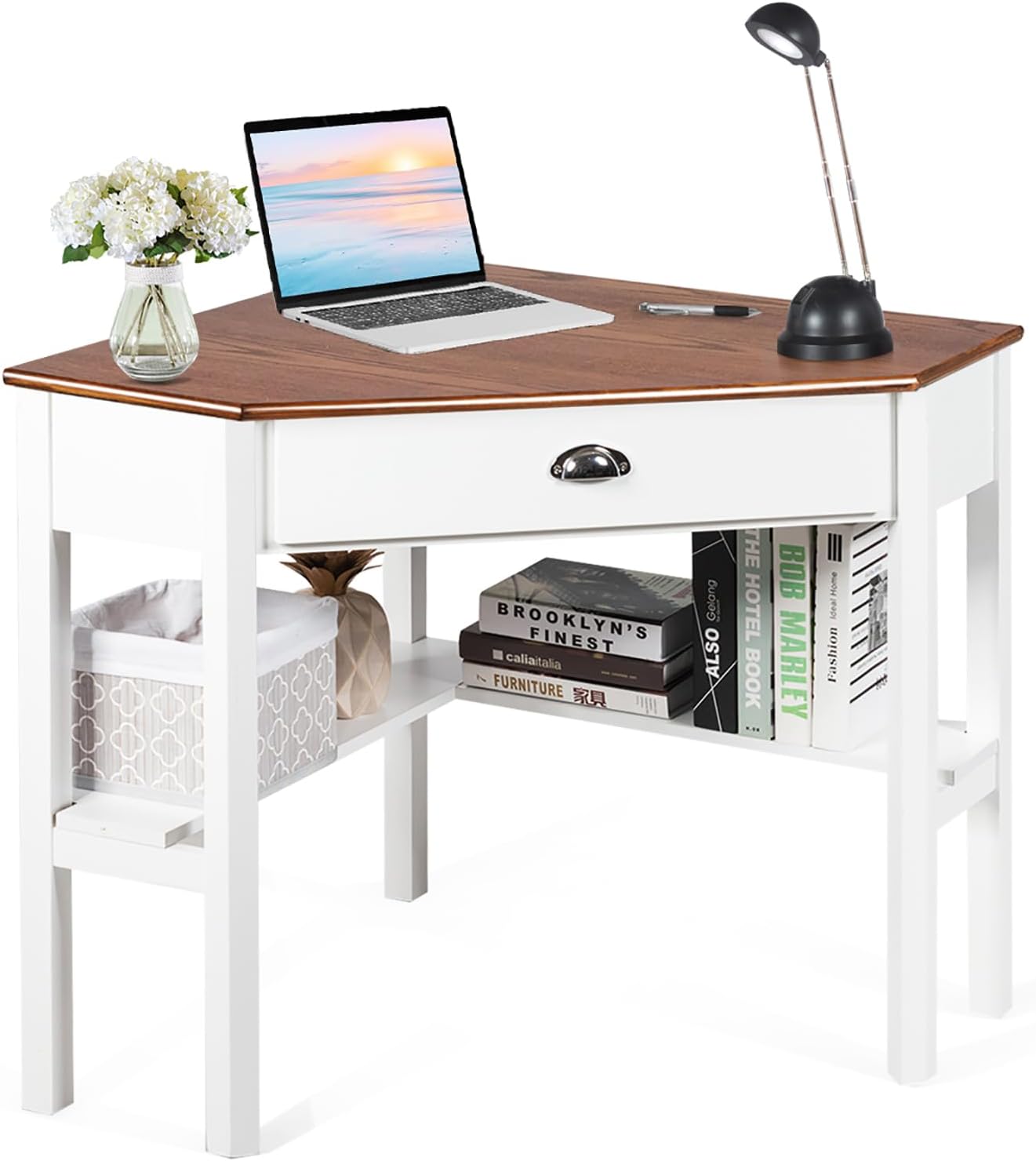 Corner Computer Desk, Space-Saving Corner Table with Drawer & Shelves, Home Office 90° Triangle Corner Workstation, Modern Makeup Vanity Table, Corner Desk for Small Spaces (Natural & White)