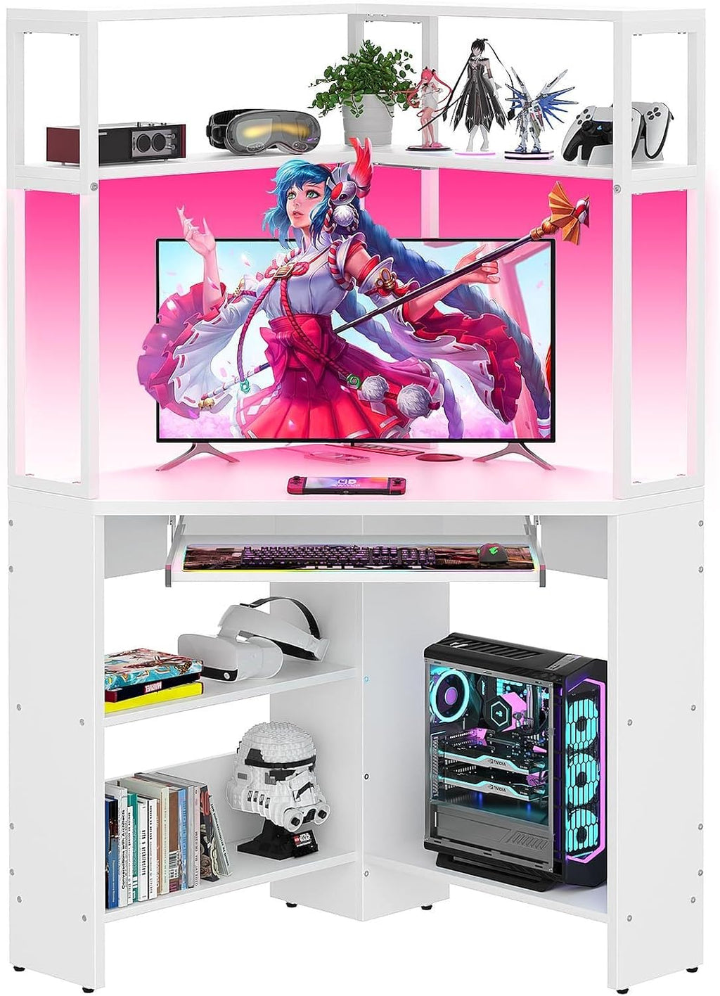 Armocity Corner Desk with Hutch and LED Light, L-Shaped Desk with Power Outlets & USB Ports, Corner Gaming Desk with Keyboard Tray and Storage Shelves, Home Office Workstation for Small Space White