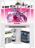 Armocity Corner Desk with Hutch and LED Light, L-Shaped Desk with Power Outlets & USB Ports, Corner Gaming Desk with Keyboard Tray and Storage Shelves, Home Office Workstation for Small Space White
