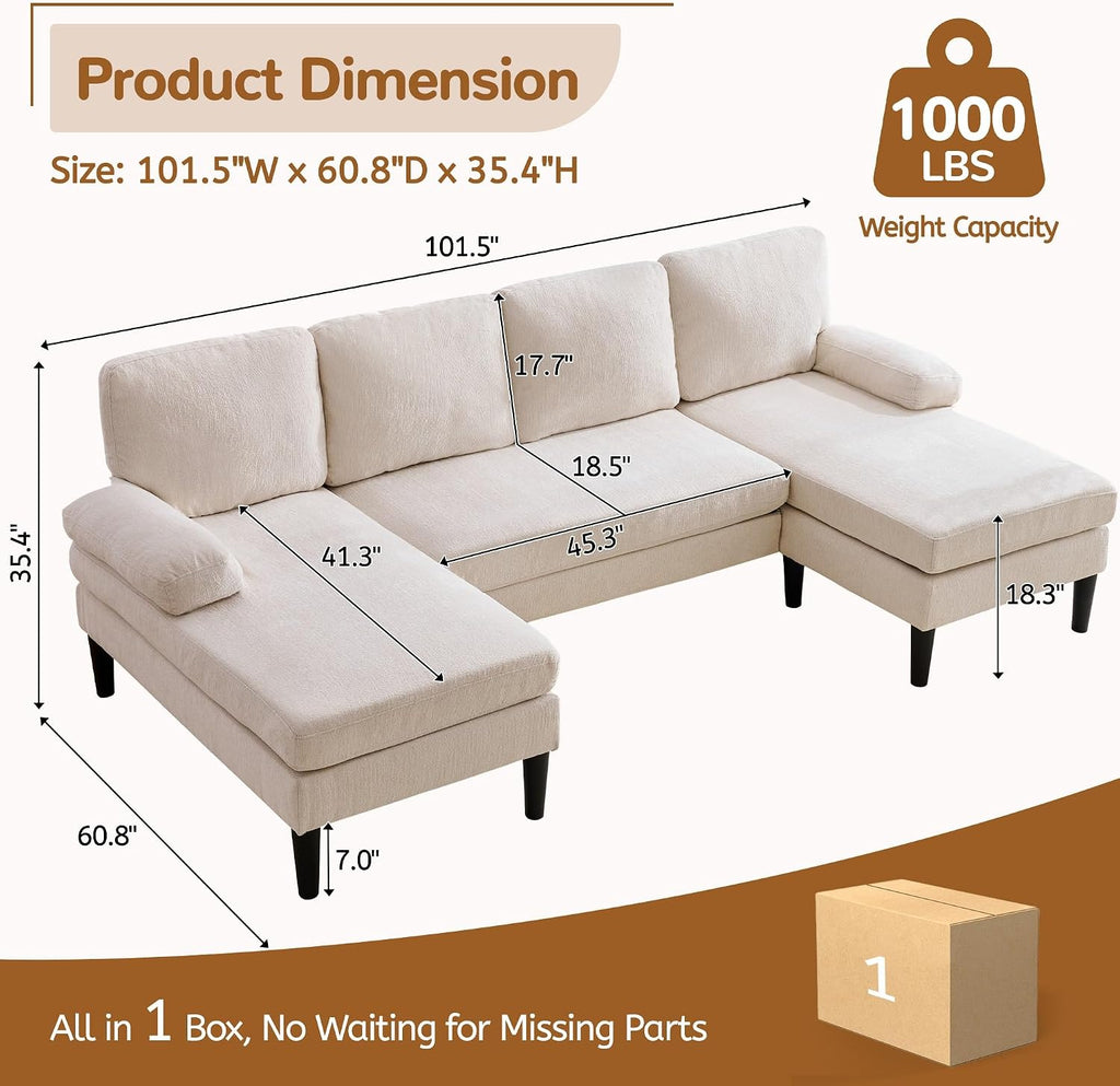 Korser U Shaped Sectional Couches for Living Room, 101' Modern Chenille Fabric Sofa with Double Chaise Lounge, 4-Seat Couch with Removable Pillows for Apartment/Small Space, Beige