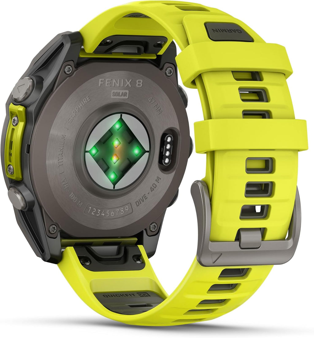 PlayBetter Garmin Fenix 8 Solar Sapphire (47mm, Titanium/Amp Yellow) Multisport GPS Smartwatch Bundle - 1.4' Touchscreen, Built-in LED Flashlight Wireless Running Earbuds