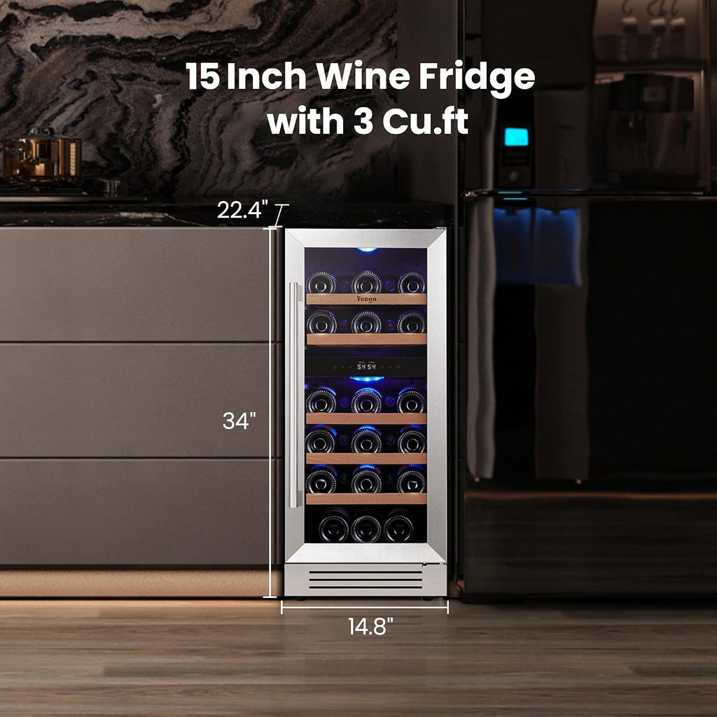 Yeego Wine Fridge Cooler - 15 Inch Dual Zone Wine Fridge Hold 28 Bottles, 40-65°F Wine Refrigerator Glass Door, Built in, Freestanding Under Counter Fridge for Beer Soda Drink Home Bar Office