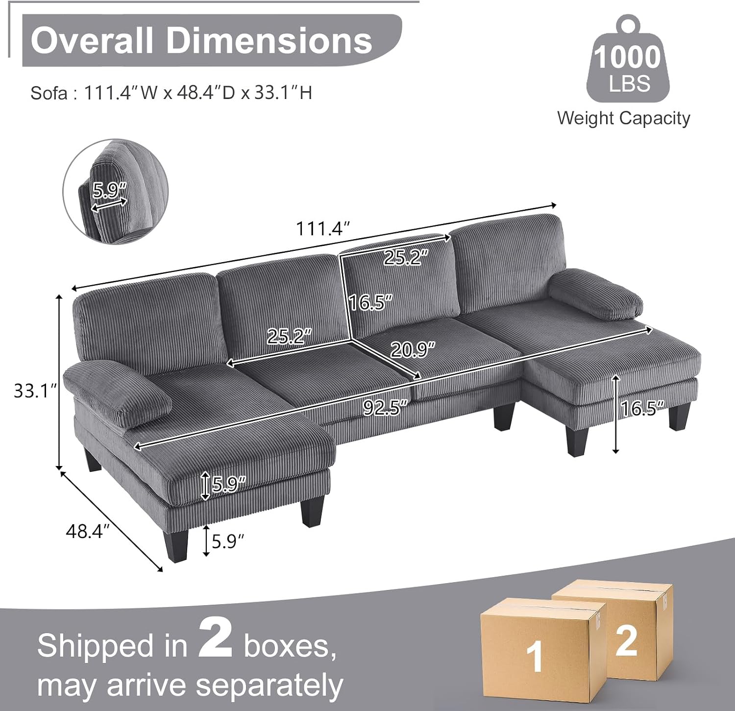 Karl home U-Shape Sectional Sofa Couch 111' Modern 4-Seat Sofa with Chaises Corduroy Fabric Upholstered Covertible Couch with Wood Grain Legs for Living Room, Reception Room, Apartment, Dark Gray