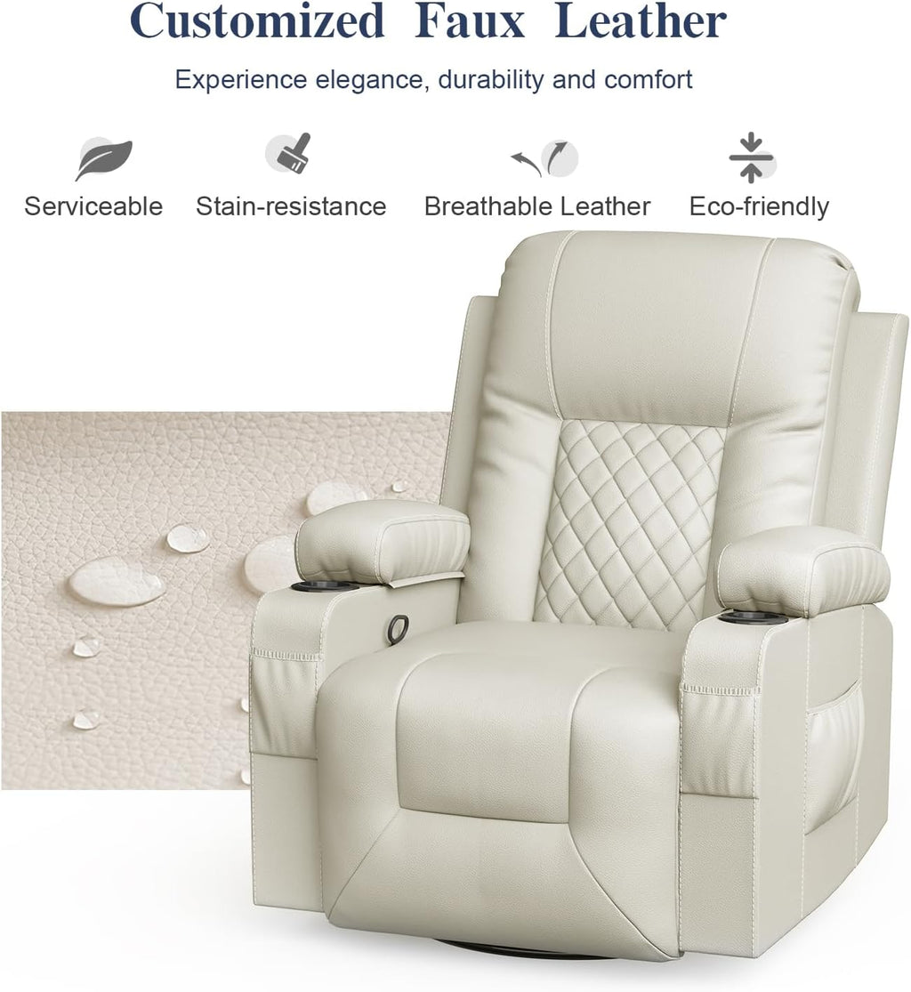 FURNIMAT Recliner Chairs for Adults, Massage Rocker with Heated Modern Ergonomic Lounge 360 Degree Swivel Single Sofa Seat Living Room Lounge Recliners Ivory White