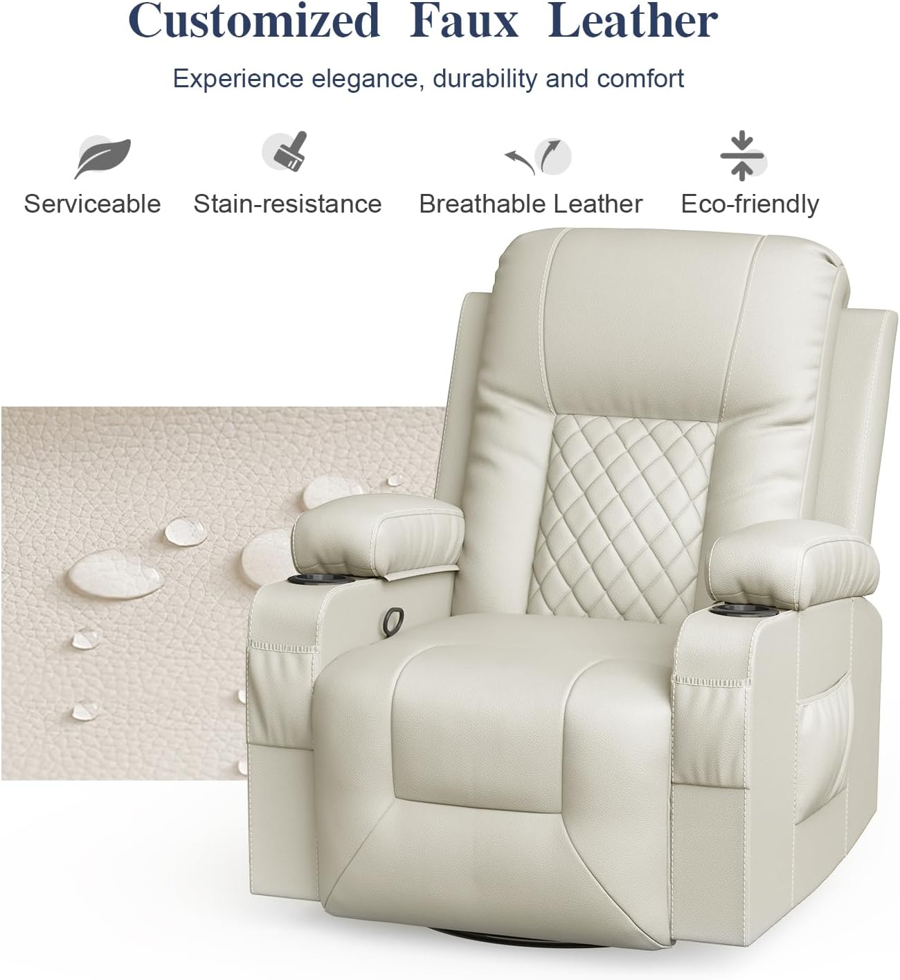 FURNIMAT Recliner Chairs for Adults, Massage Rocker with Heated Modern Ergonomic Lounge 360 Degree Swivel Single Sofa Seat Living Room Lounge Recliners Ivory White