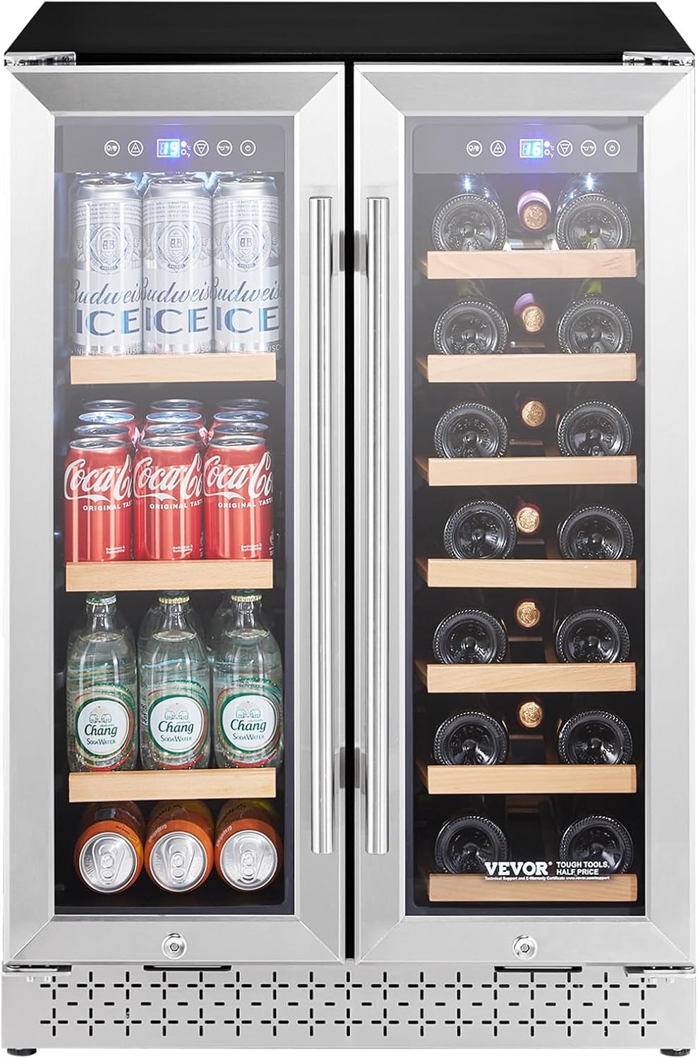 VEVOR Wine and Beverage Refrigerator, 24 in Dual Zone Wine Cooler, Built-in & Freestanding Fridge with Glass Doors, Adjustable Shelves, Digital Temperature Control, 64 Cans and 20 Bottles Capacity