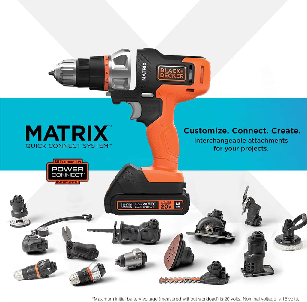 BLACK+DECKER MATRIX 20V MAX Power Tool Kit, Includes Cordless Drill, 8 Attachments and Storage Case (BDCDMT1208KITC1)