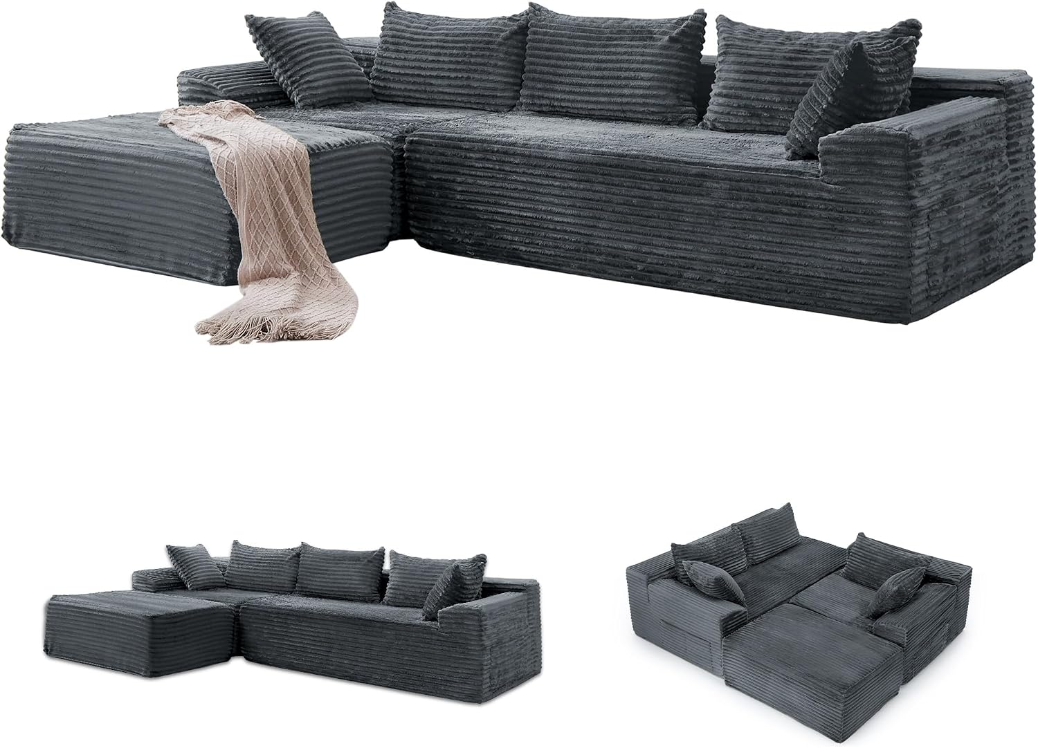 Korser 110' L-Shaped Modular Sectional Sofa with Chaise, Boneless Comfy Corduroy Fluffy Couch with Deep Seat and Side Pockets, Flexible Module Combination for Living Room, No Assembly, Side Pockets
