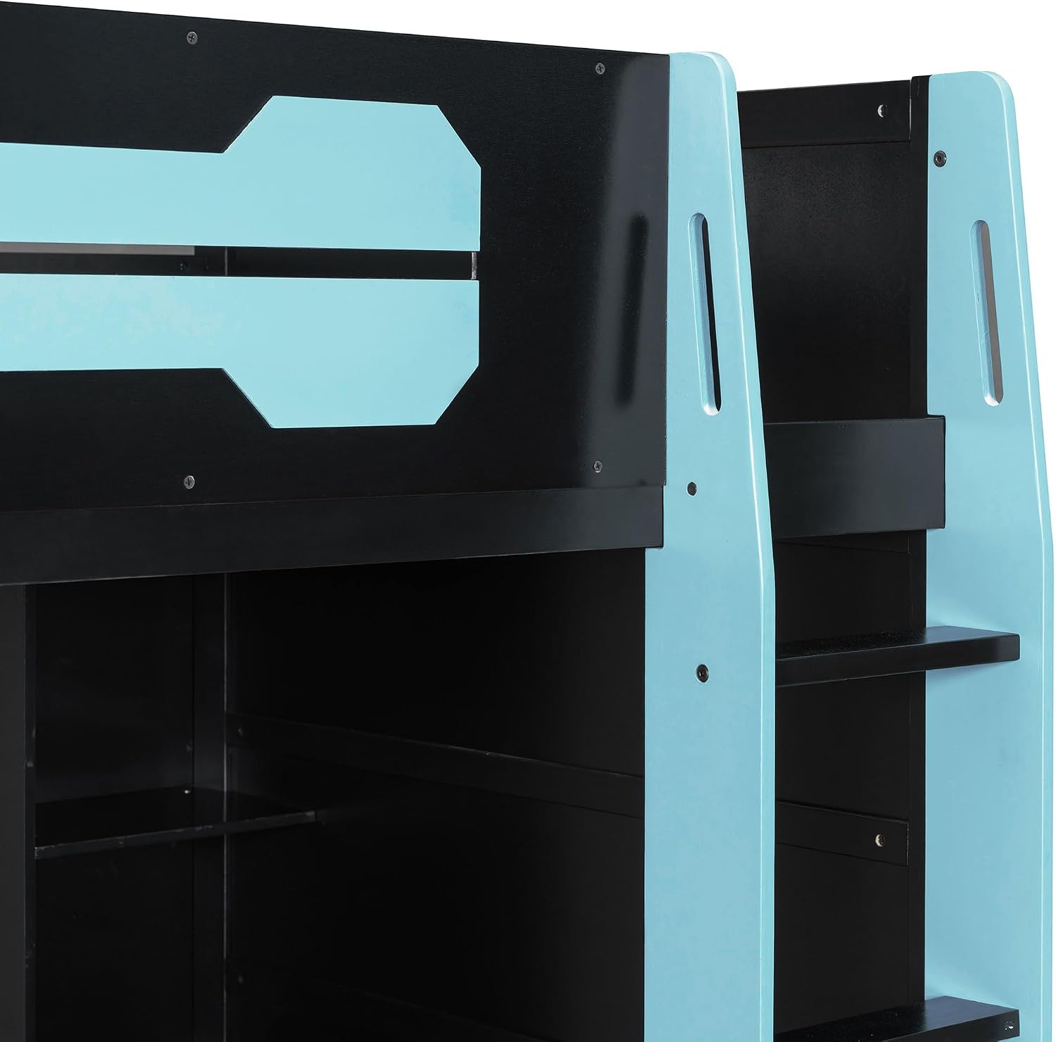 Merax Wood Loft Bed with Desk, Multi-Storage Shelves and RGB Light, Twin Size, Cloud Blue